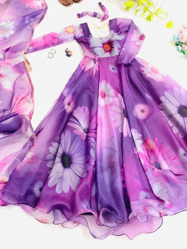 Elegance purple floral georgette anarkali kurta set with dupatta