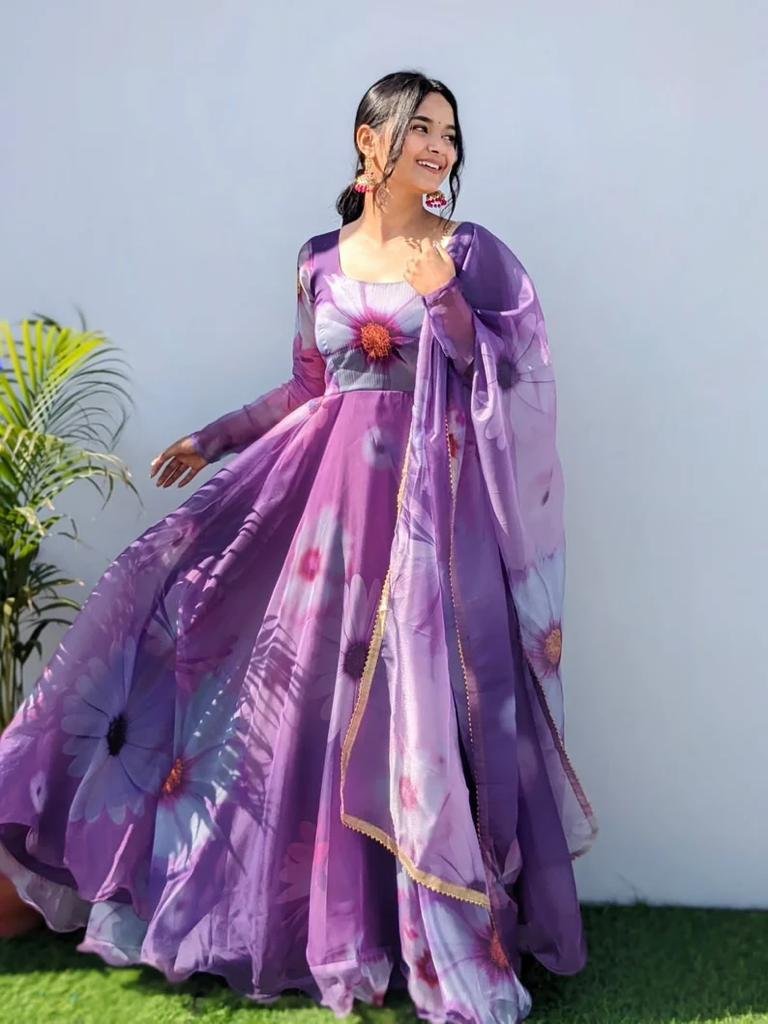 Elegance purple floral georgette anarkali kurta set with dupatta