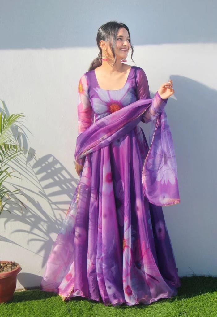 Elegance purple floral georgette anarkali kurta set with dupatta