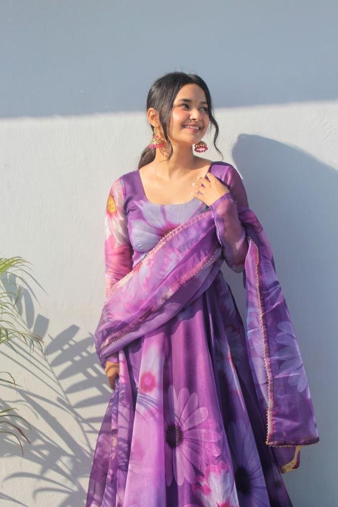 Elegance purple floral georgette anarkali kurta set with dupatta
