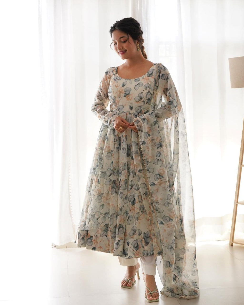 Mishika white organza flared anarkali suit set