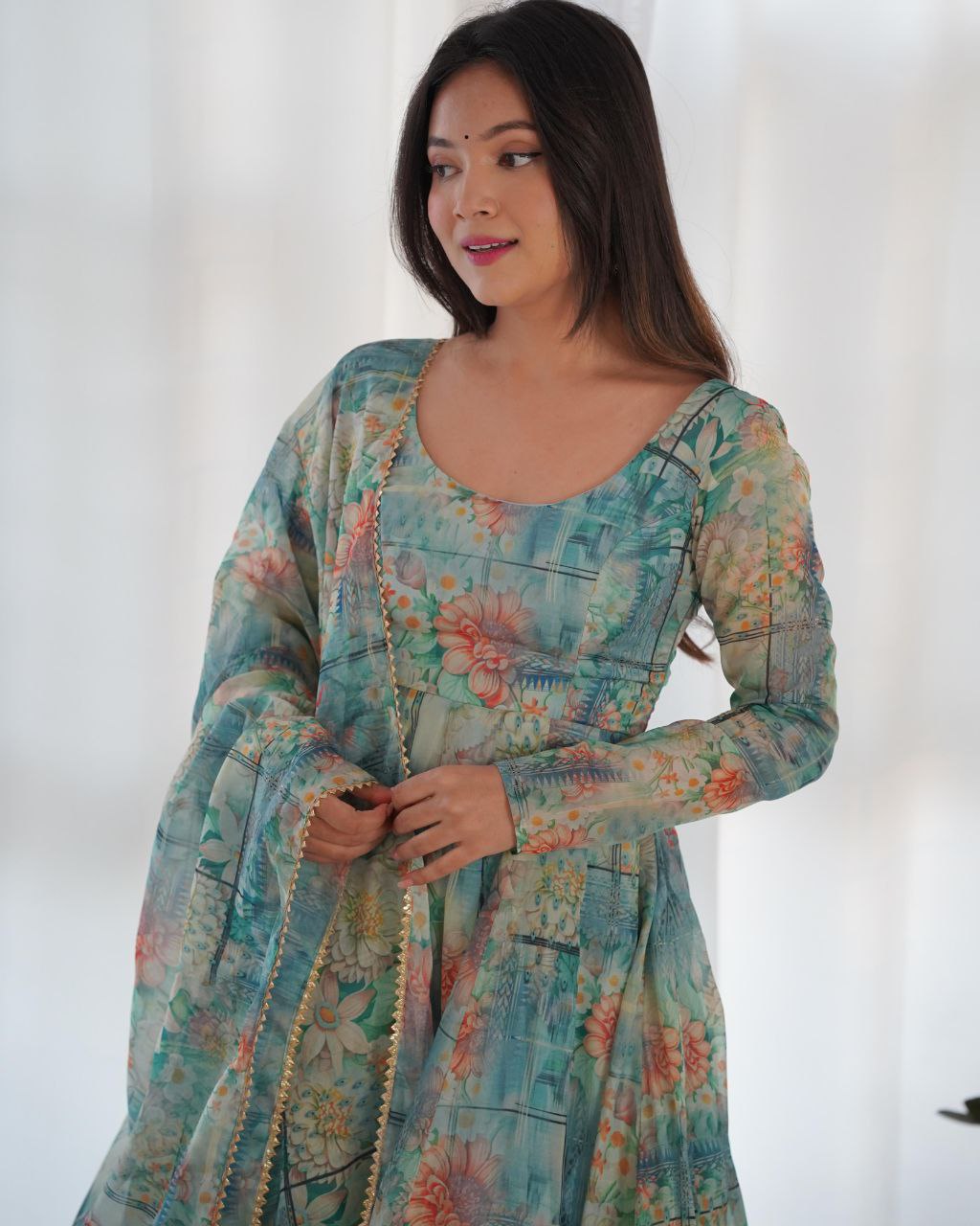 Vishnupriya green soft organza silk printed suit set