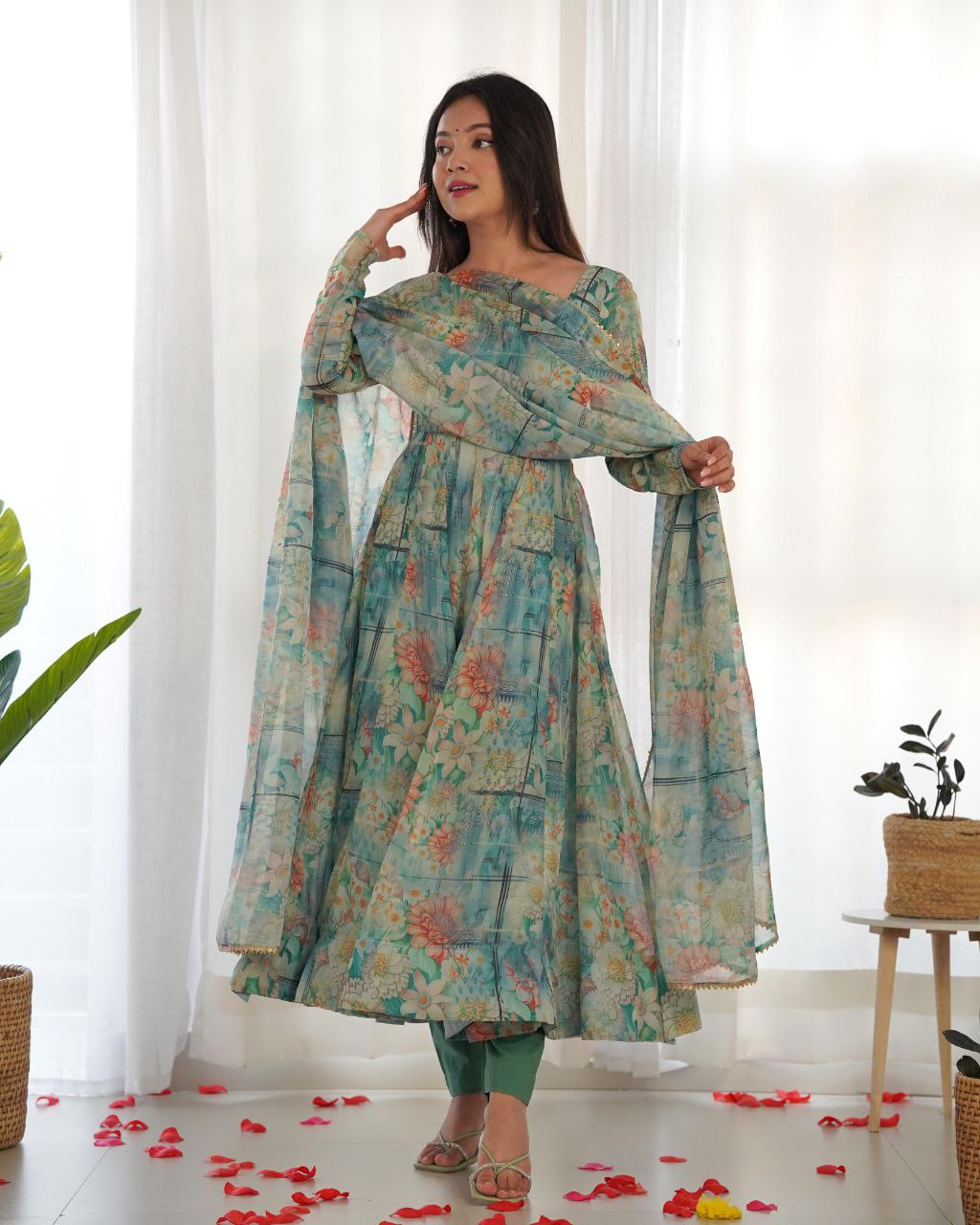 Vishnupriya green soft organza silk printed suit set