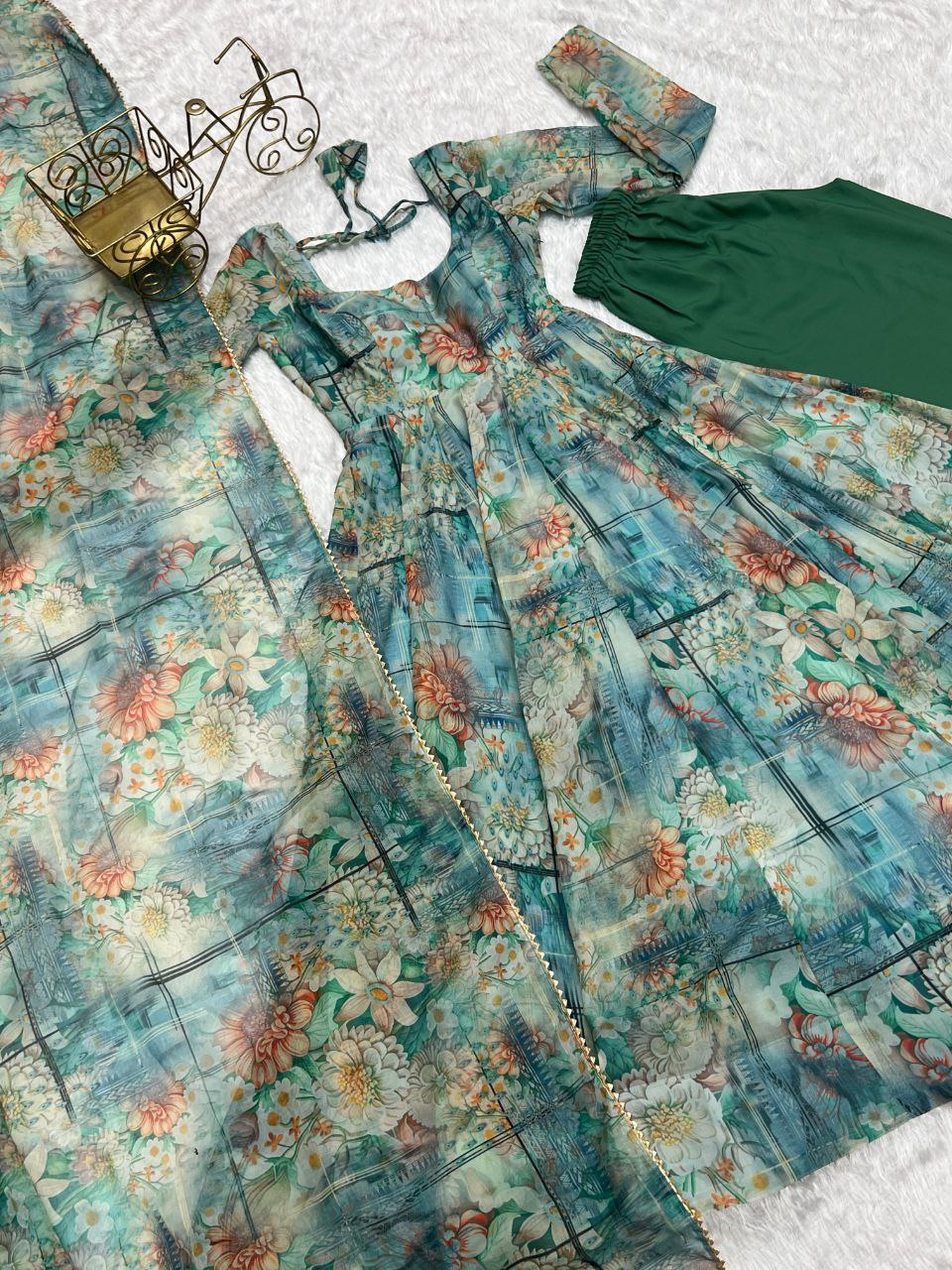 Vishnupriya green soft organza silk printed suit set