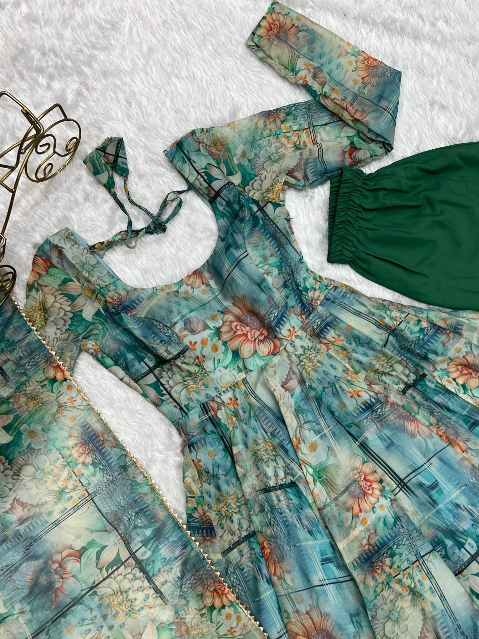 Vishnupriya green soft organza silk printed suit set