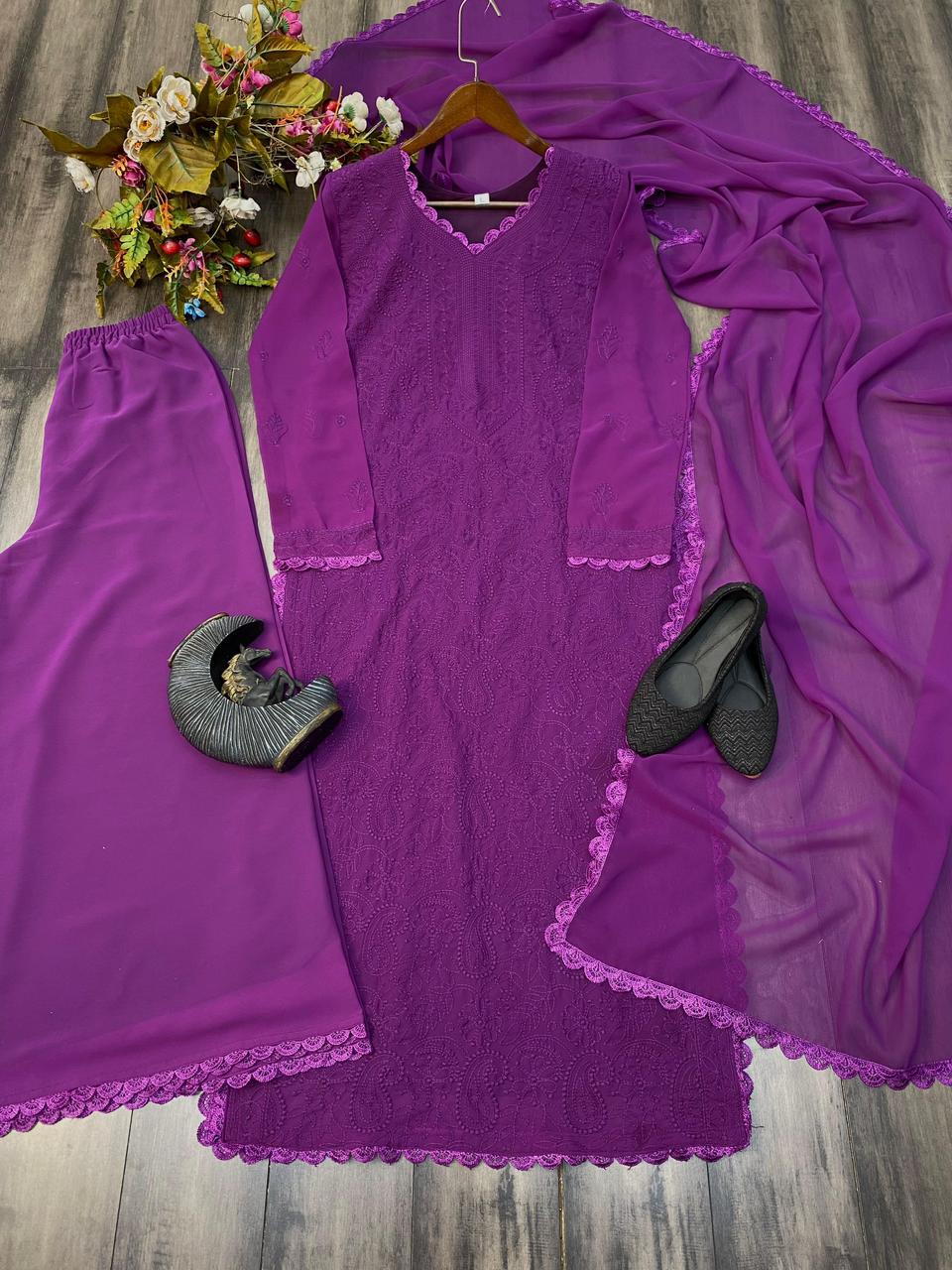 Ramani Peach Georgette Chikankari Embroidery Kurti Set