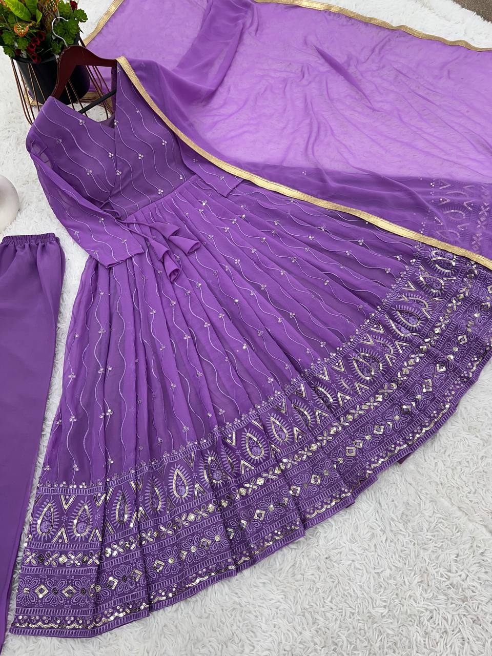 Purple georgette embroidered Rayna designer flared suit