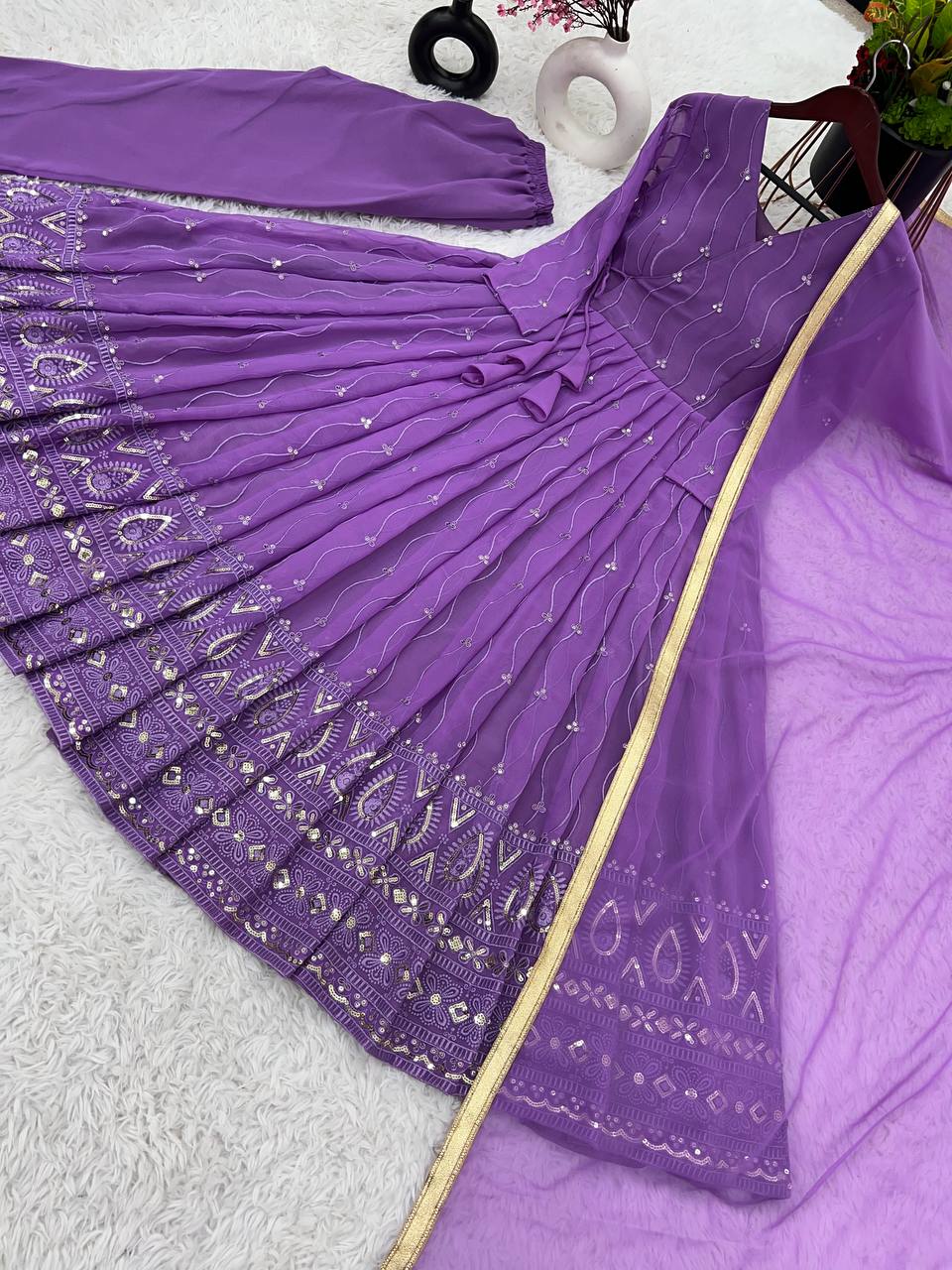 Purple georgette embroidered Rayna designer flared suit