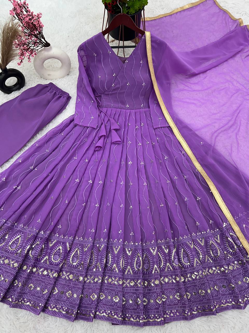 Purple georgette embroidered Rayna designer flared suit