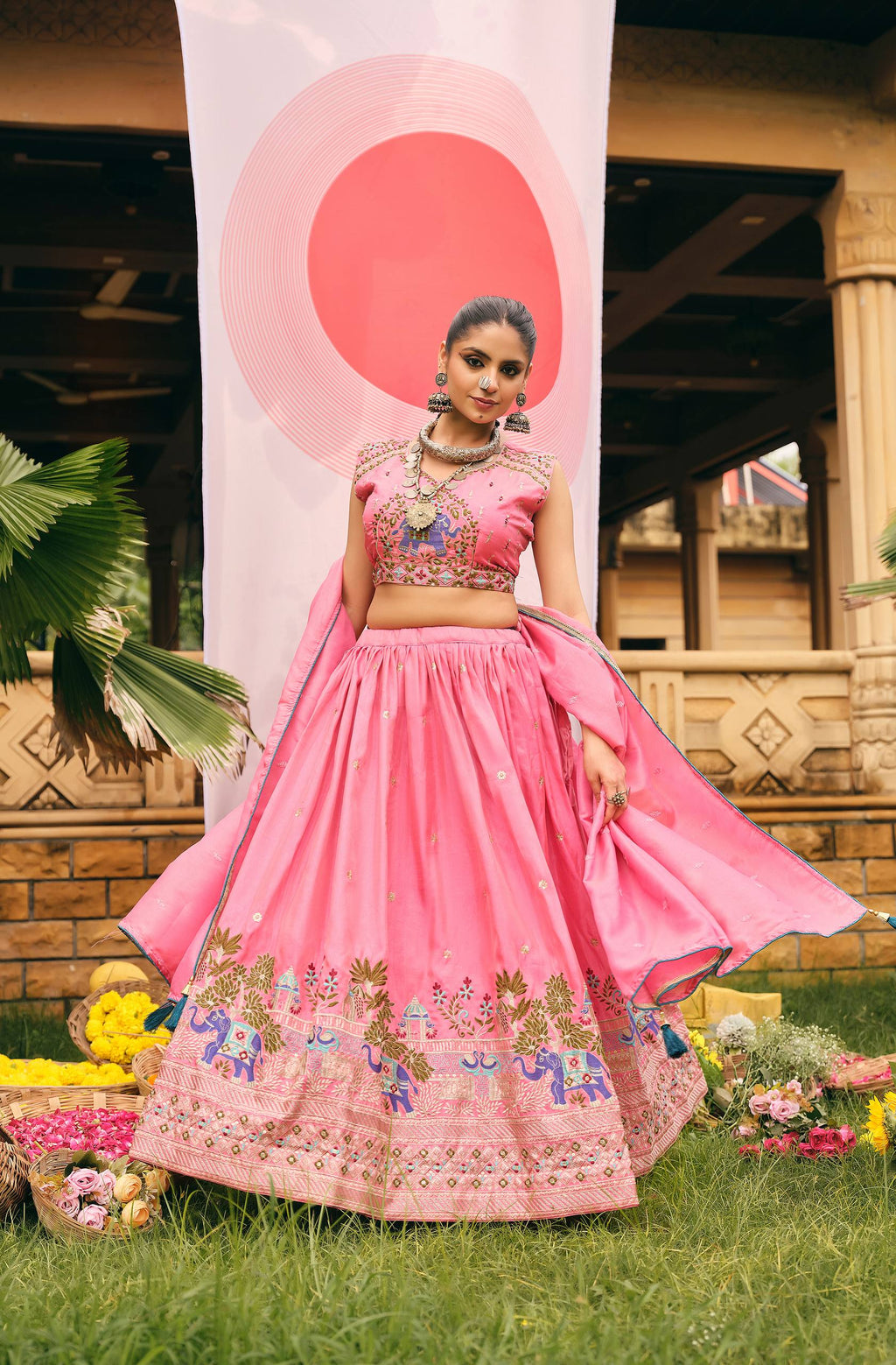 Pink shimmer embroidered lehenga choli set with dupatta