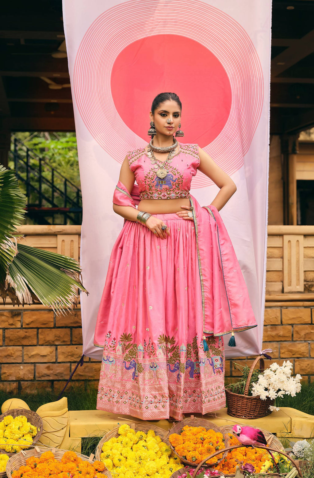 Pink shimmer embroidered lehenga choli set with dupatta
