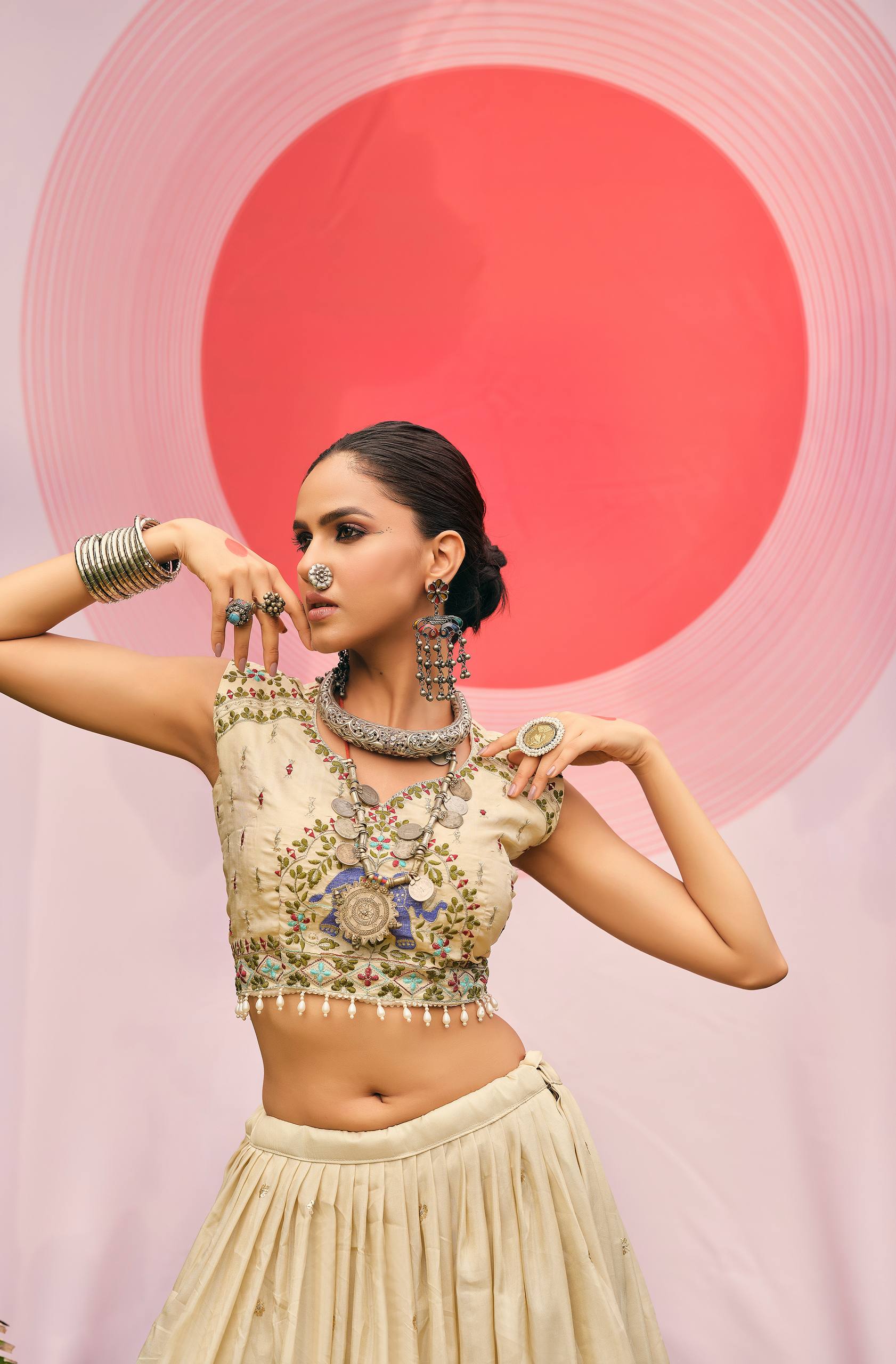 Off-white shimmer embroidered lehenga choli set with dupatta