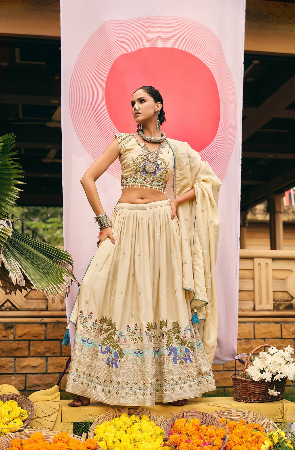 Off-white shimmer embroidered lehenga choli set with dupatta