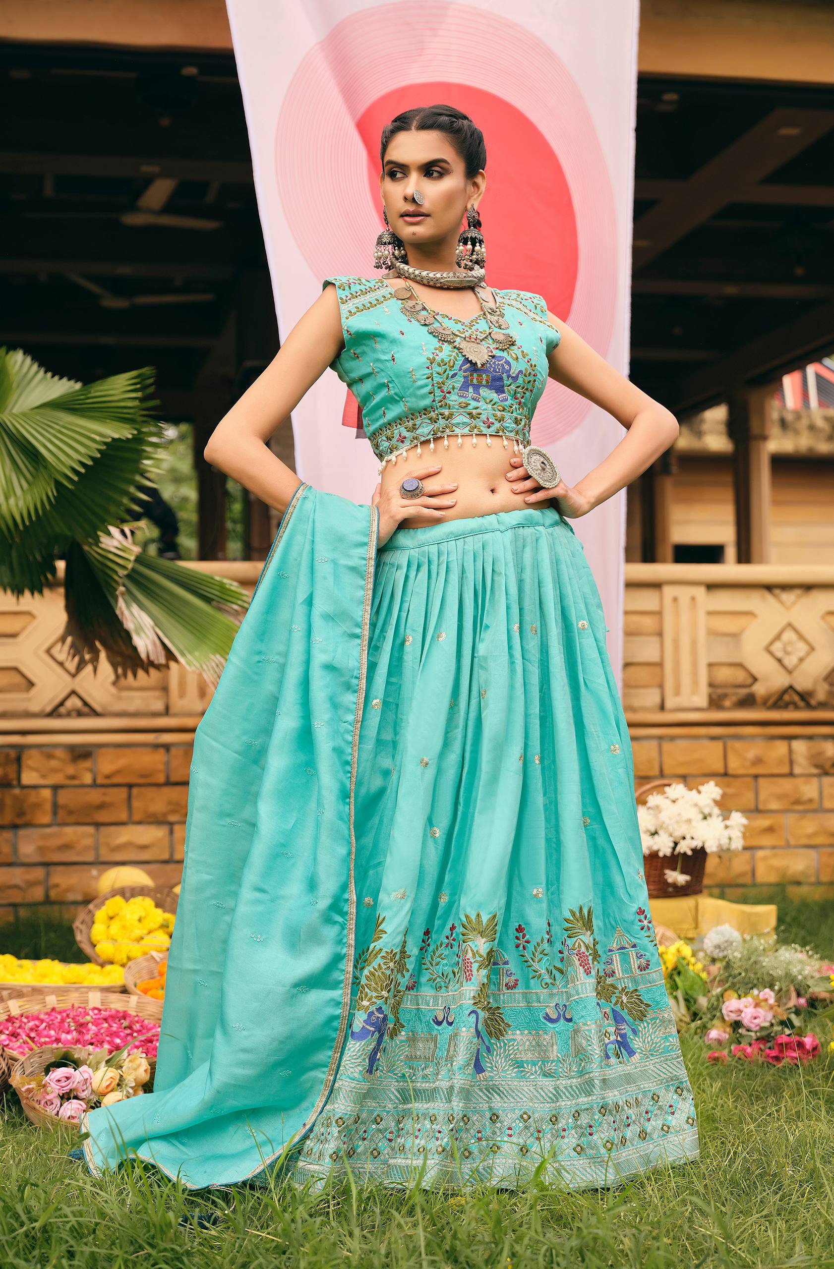 Sea green shimmer embroidered lehenga choli set with dupatta