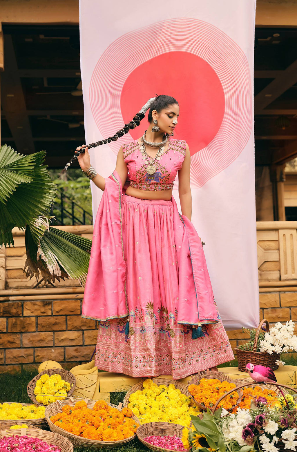 Pink shimmer embroidered lehenga choli set with dupatta