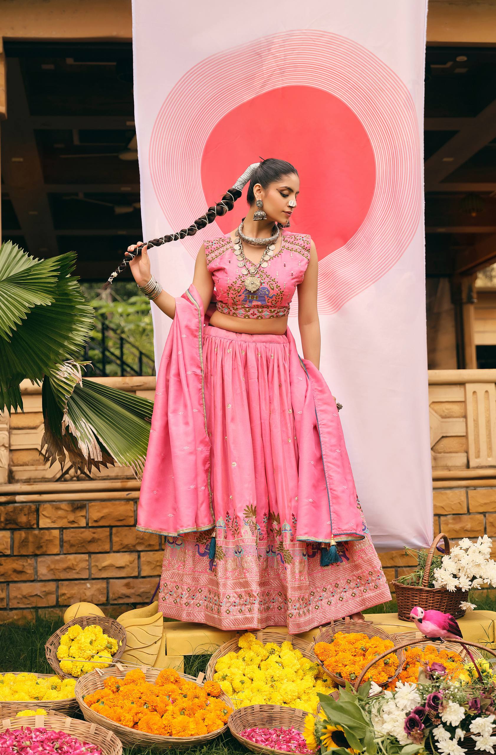 Pink shimmer embroidered lehenga choli set with dupatta