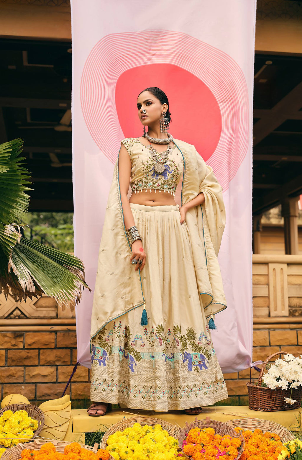 Off-white shimmer embroidered lehenga choli set with dupatta