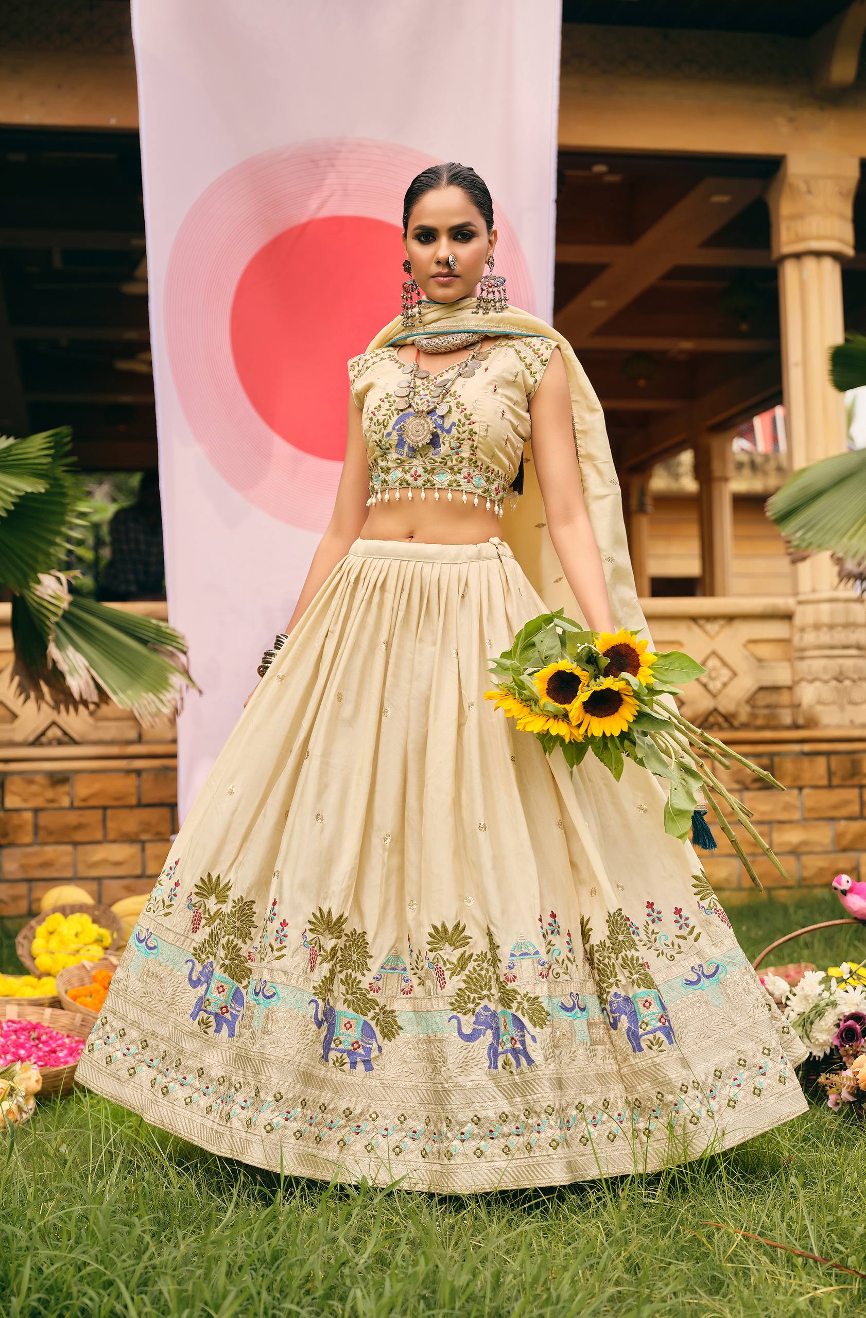 Off-white shimmer embroidered lehenga choli set with dupatta