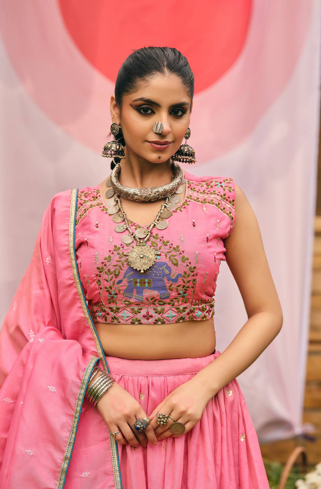 Pink shimmer embroidered lehenga choli set with dupatta