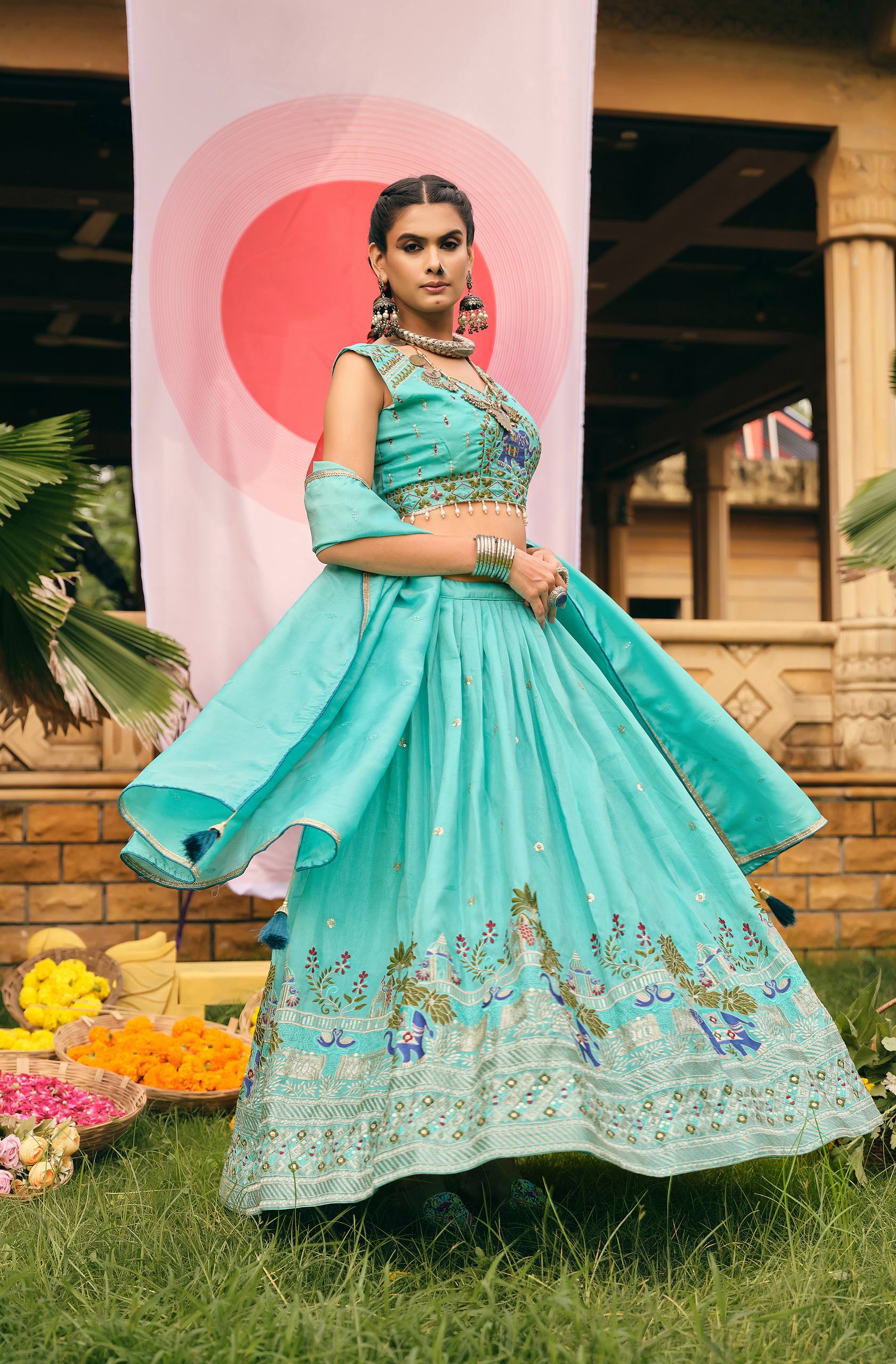 Sea green shimmer embroidered lehenga choli set with dupatta