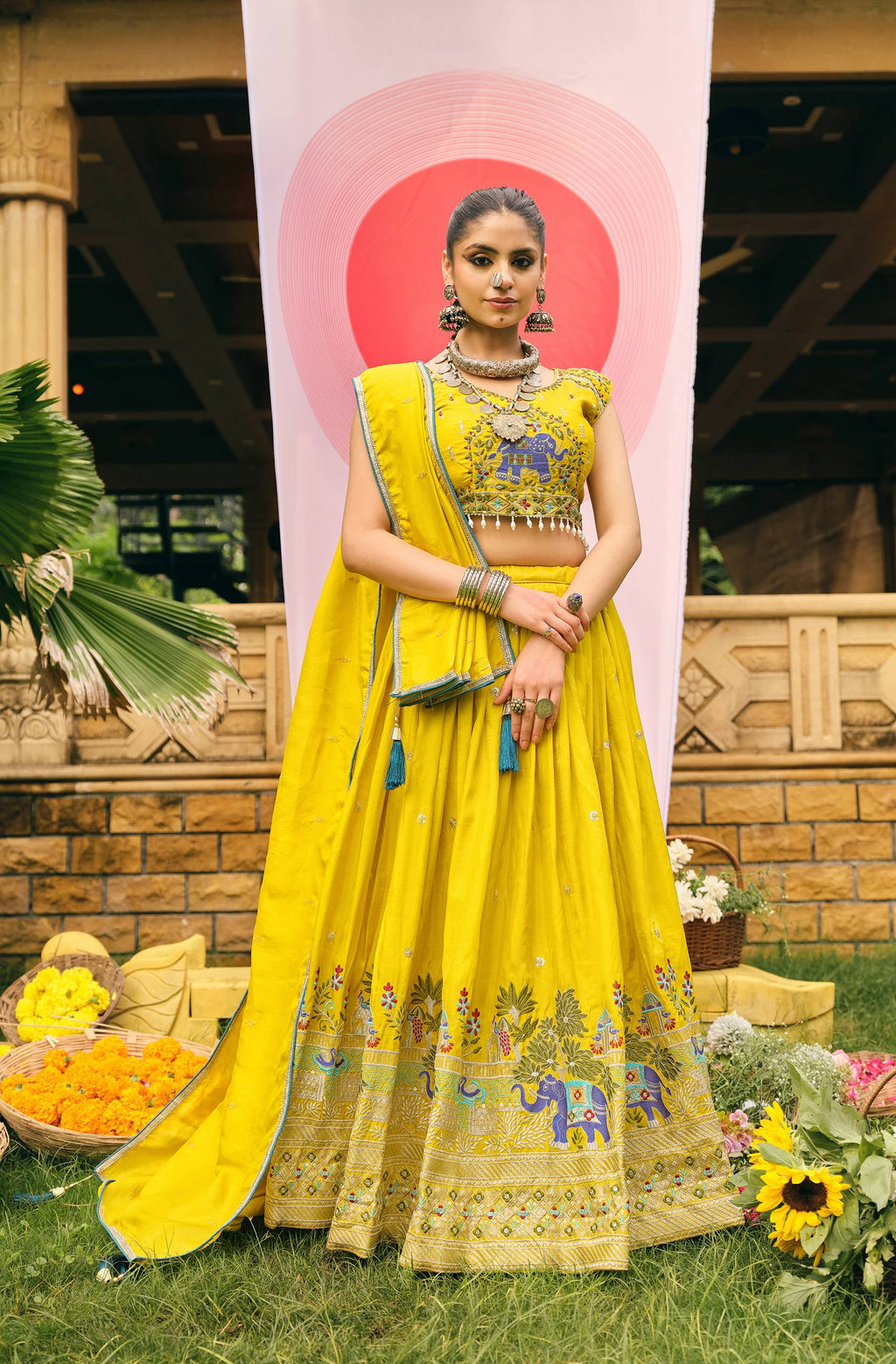 Yellow shimmer embroidered lehenga choli set with dupatta
