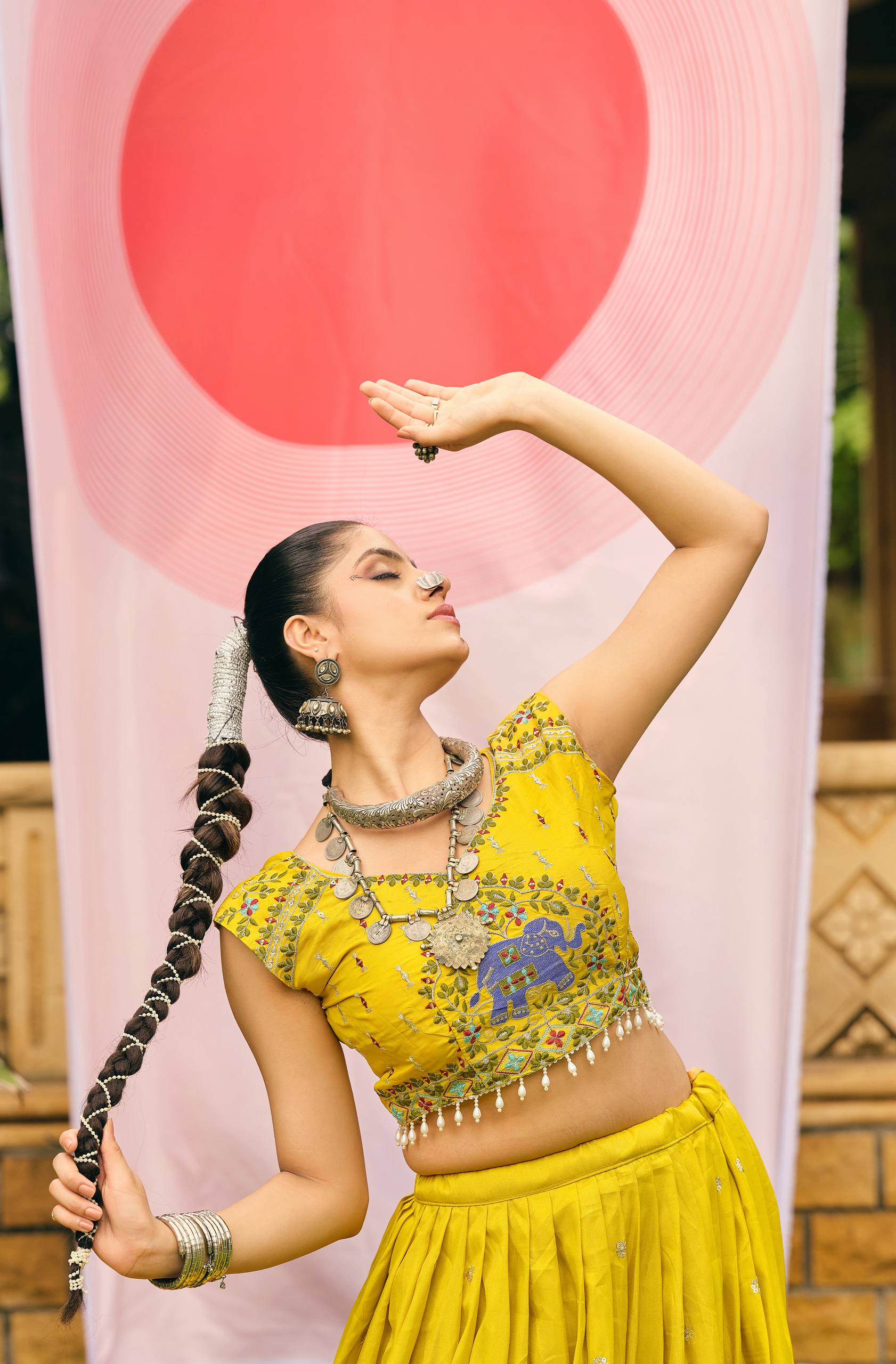 Yellow shimmer embroidered lehenga choli set with dupatta