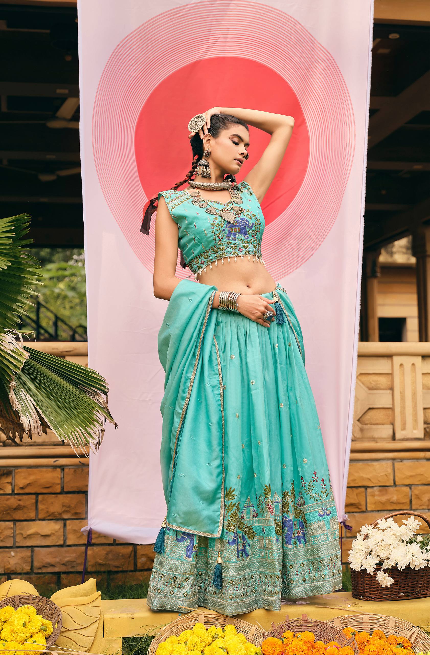 Sea green shimmer embroidered lehenga choli set with dupatta