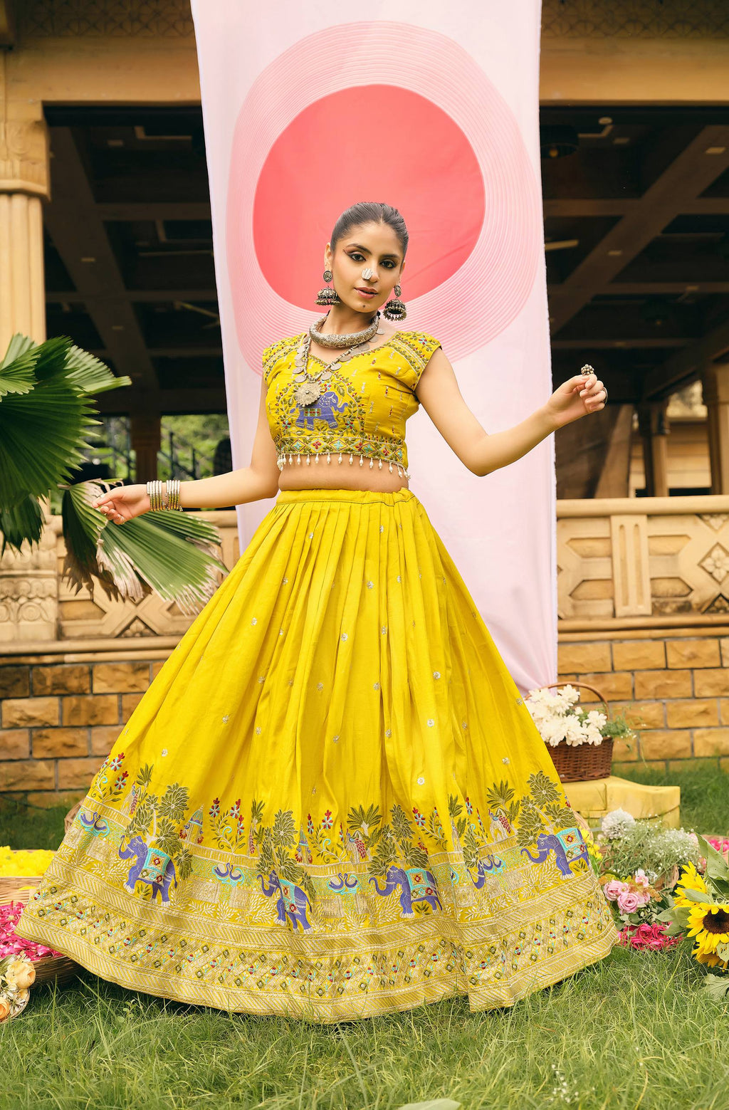 Yellow shimmer embroidered lehenga choli set with dupatta