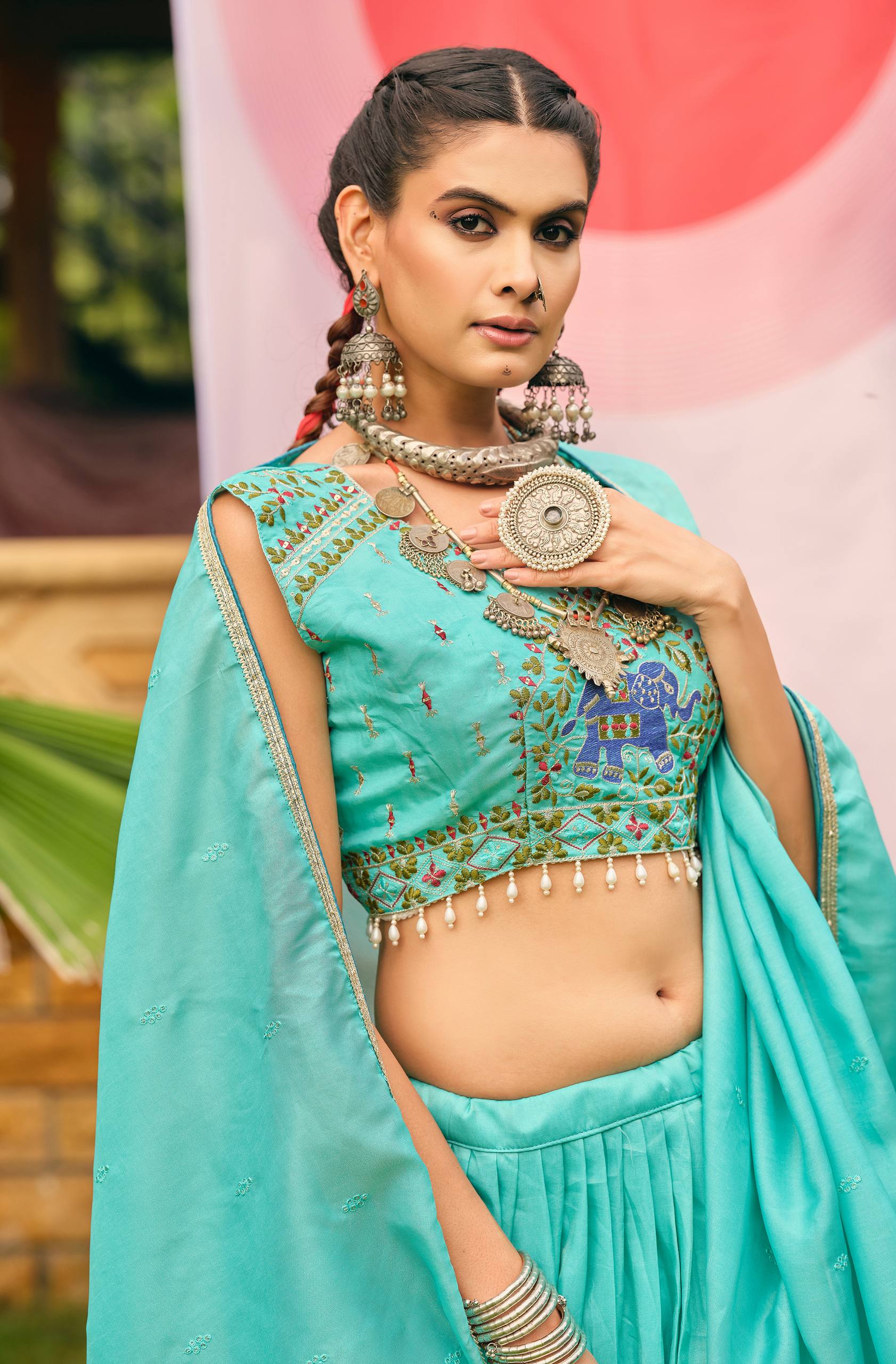 Sea green shimmer embroidered lehenga choli set with dupatta