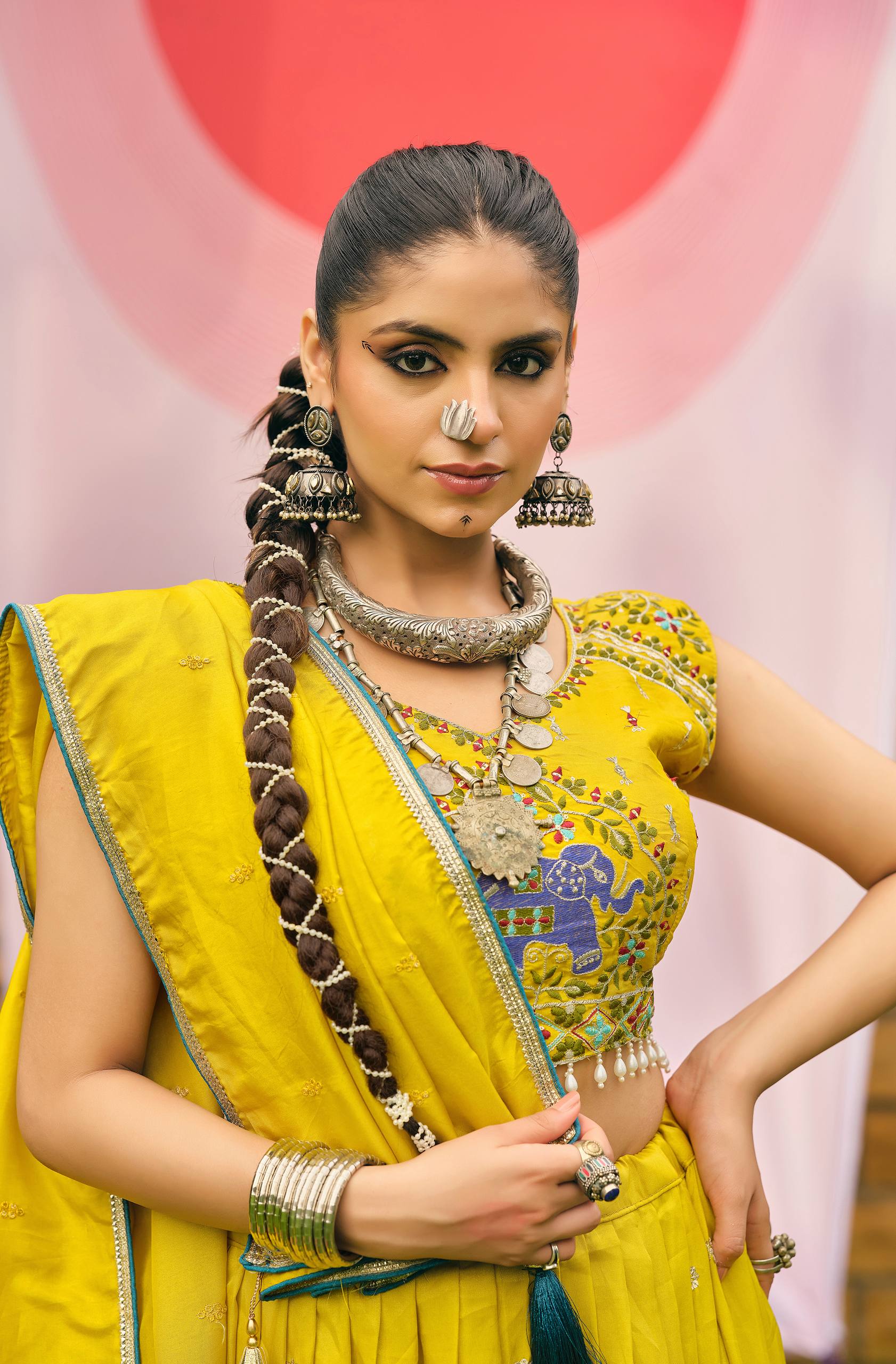 Yellow shimmer embroidered lehenga choli set with dupatta