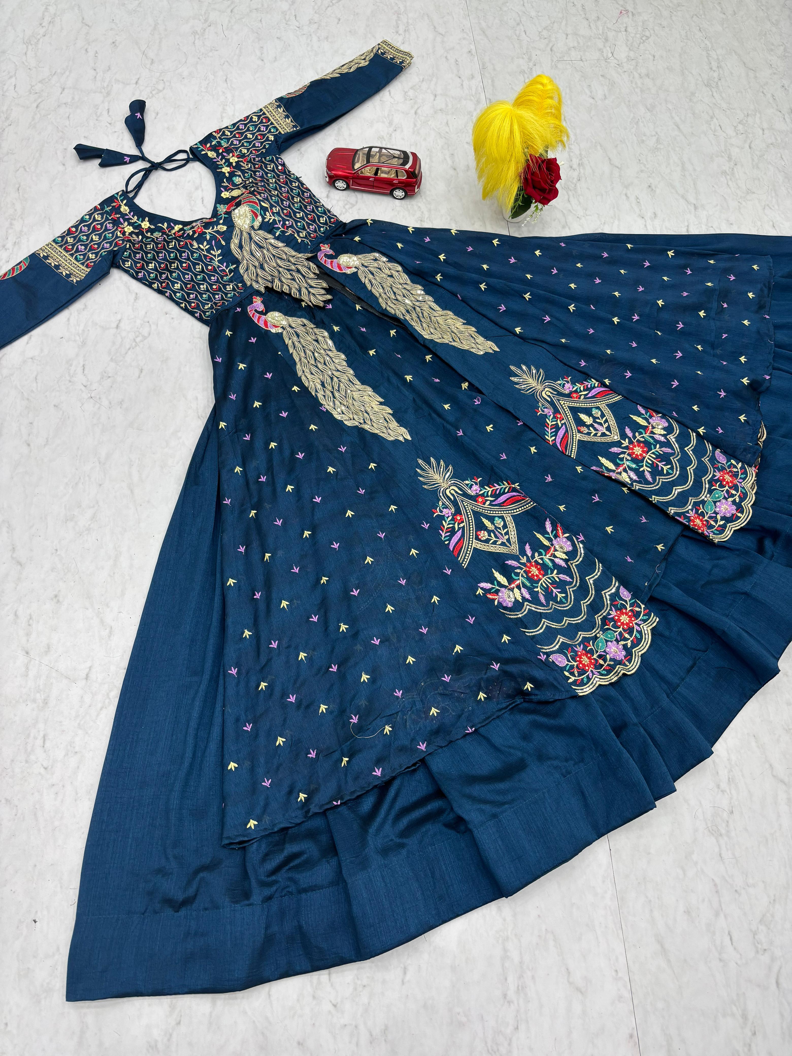 Mani teal blue vichitra silk crop top peacock design lehenga with embroidered shrug