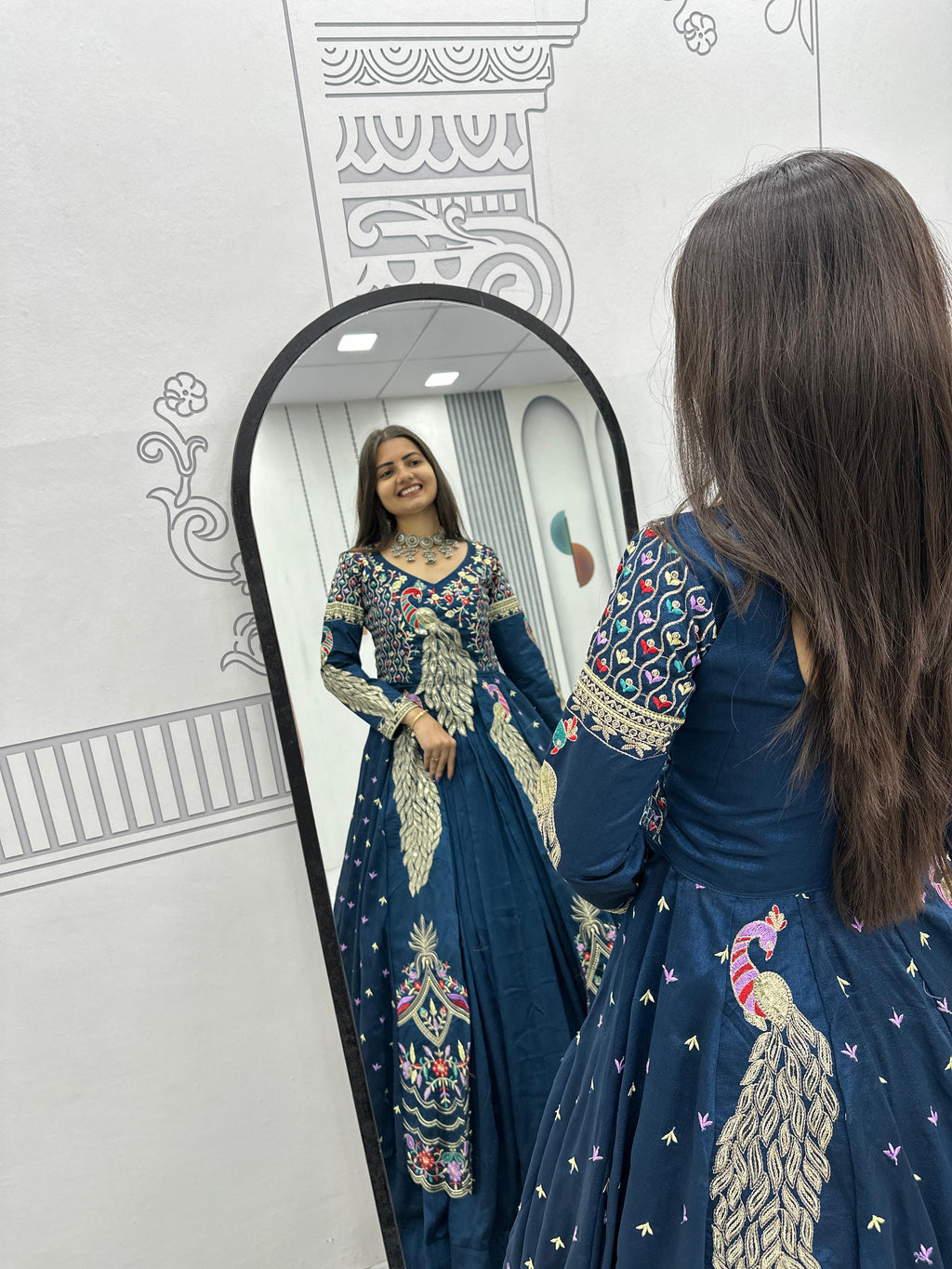 Mani teal blue vichitra silk crop top peacock design lehenga with embroidered shrug