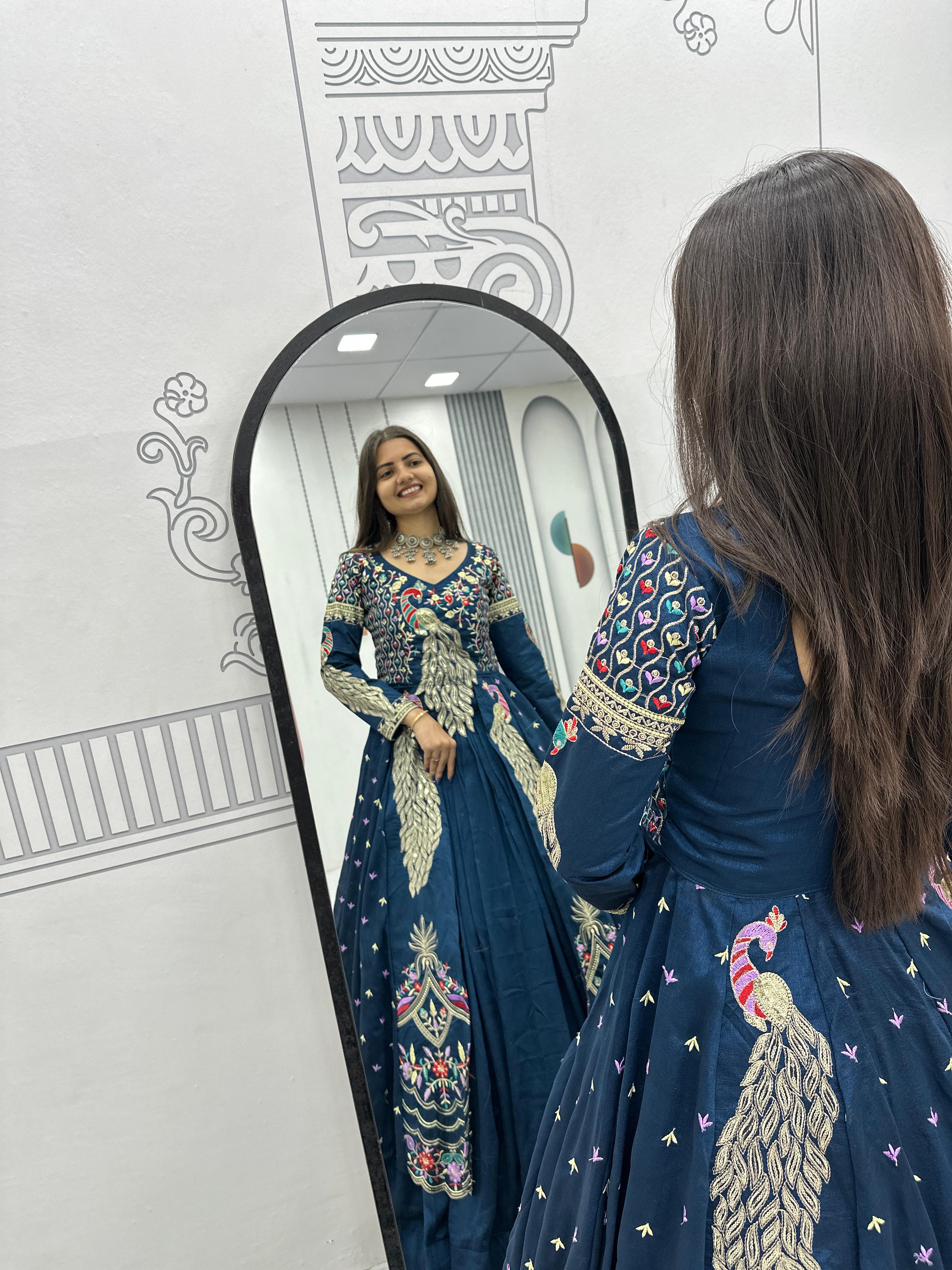 Mani teal blue vichitra silk crop top peacock design lehenga with embroidered shrug