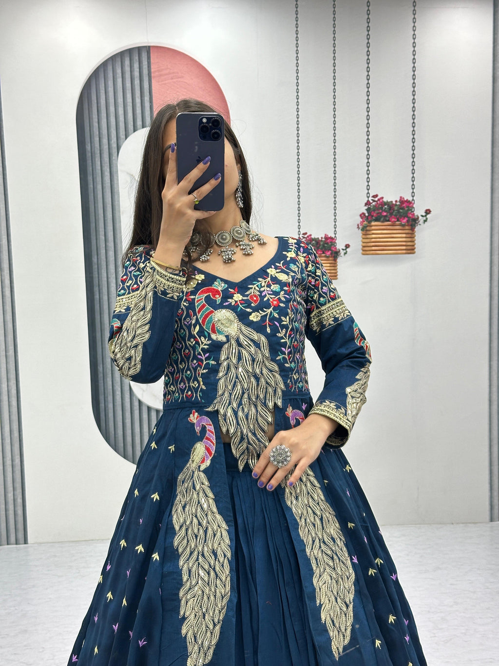 Mani teal blue vichitra silk crop top peacock design lehenga with embroidered shrug