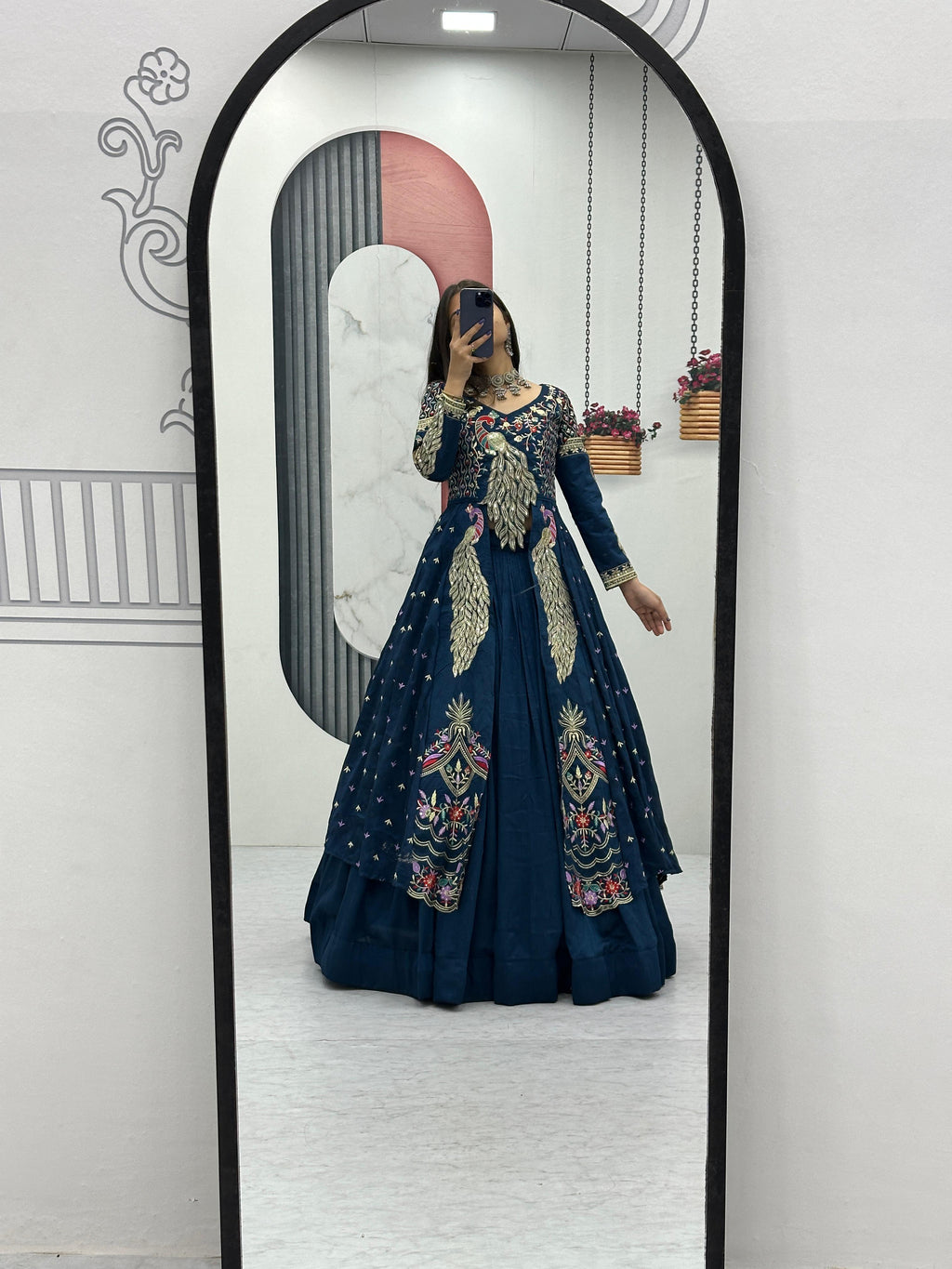 Mani teal blue vichitra silk crop top peacock design lehenga with embroidered shrug