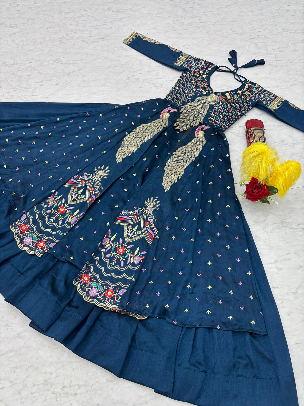Mani teal blue vichitra silk crop top peacock design lehenga with embroidered shrug