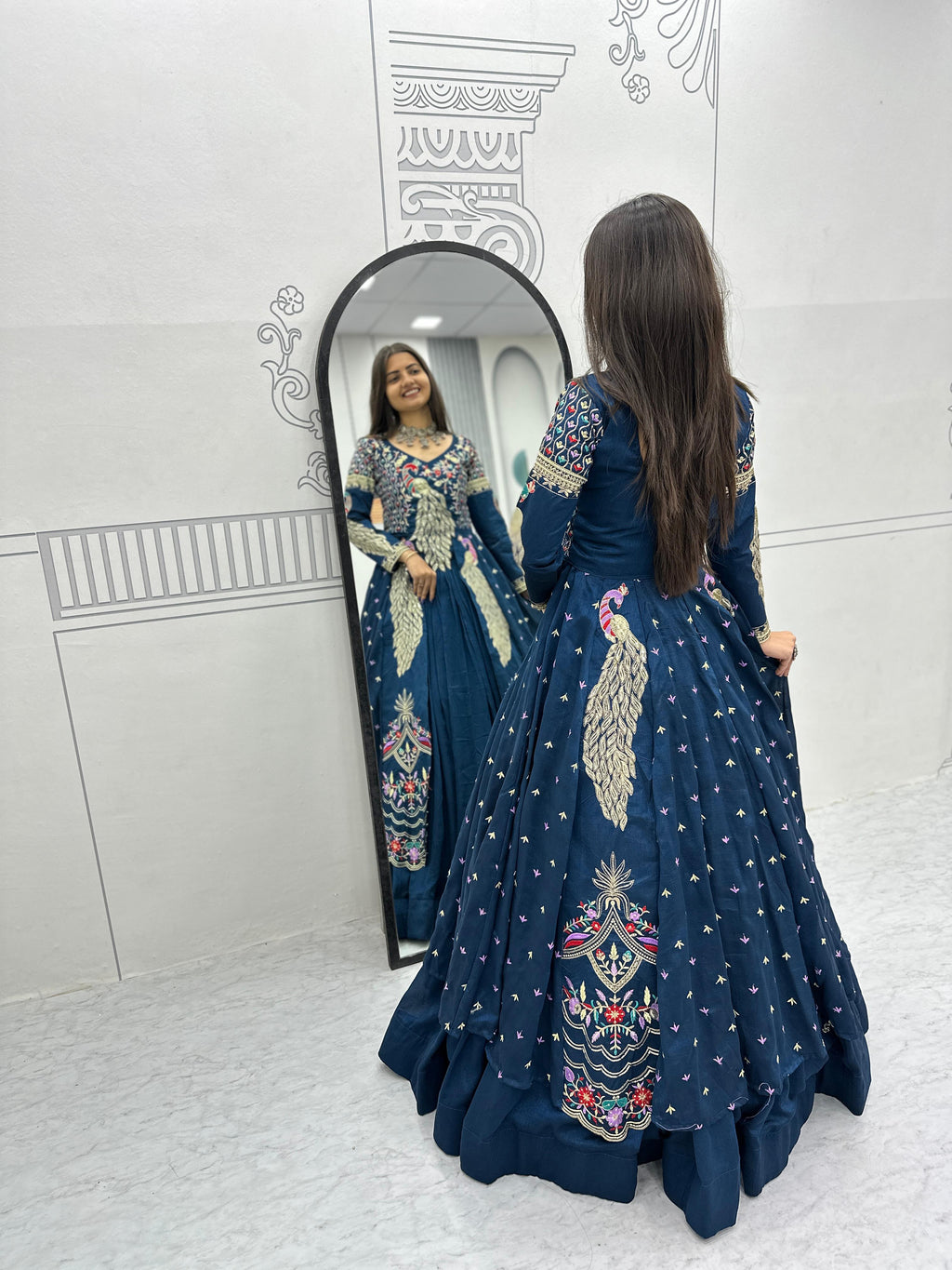 Mani teal blue vichitra silk crop top peacock design lehenga with embroidered shrug