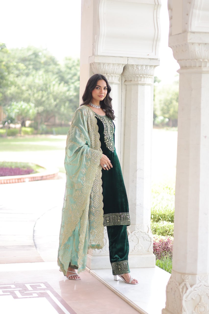 Sheet green velvet sequins zari embroidered kurta set with dupatta