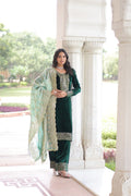 Sheet green velvet sequins zari embroidered kurta set with dupatta
