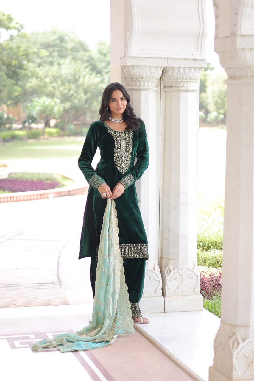 Sheet green velvet sequins zari embroidered kurta set with dupatta
