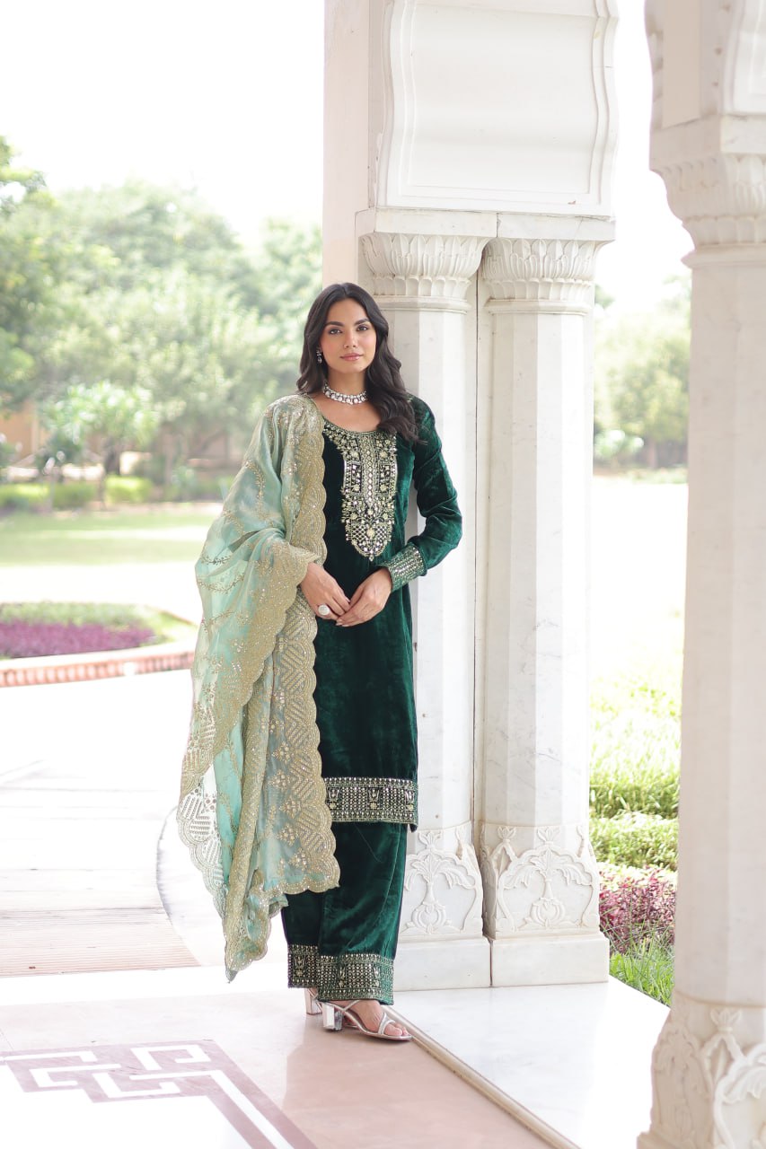 Sheet green velvet sequins zari embroidered kurta set with dupatta
