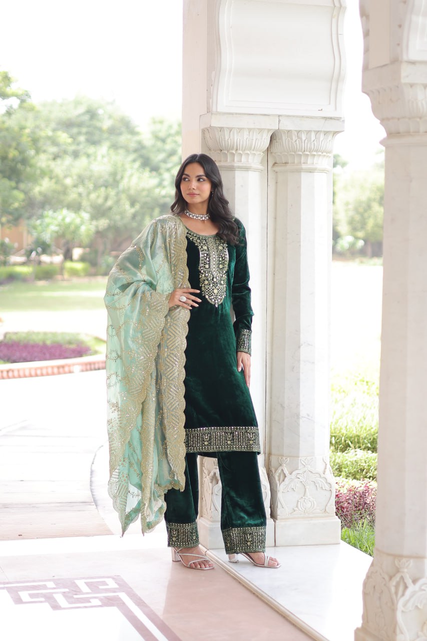 Sheet green velvet sequins zari embroidered kurta set with dupatta