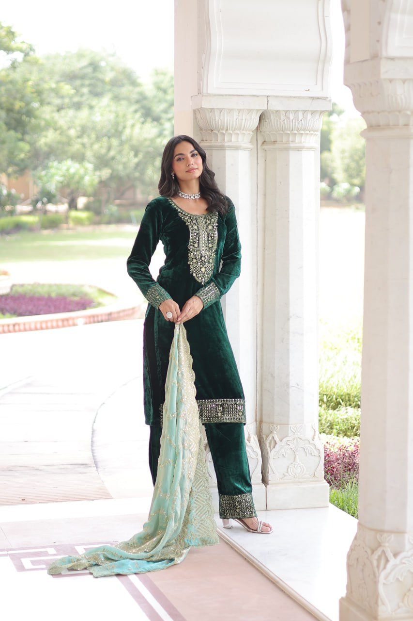 Sheet green velvet sequins zari embroidered kurta set with dupatta