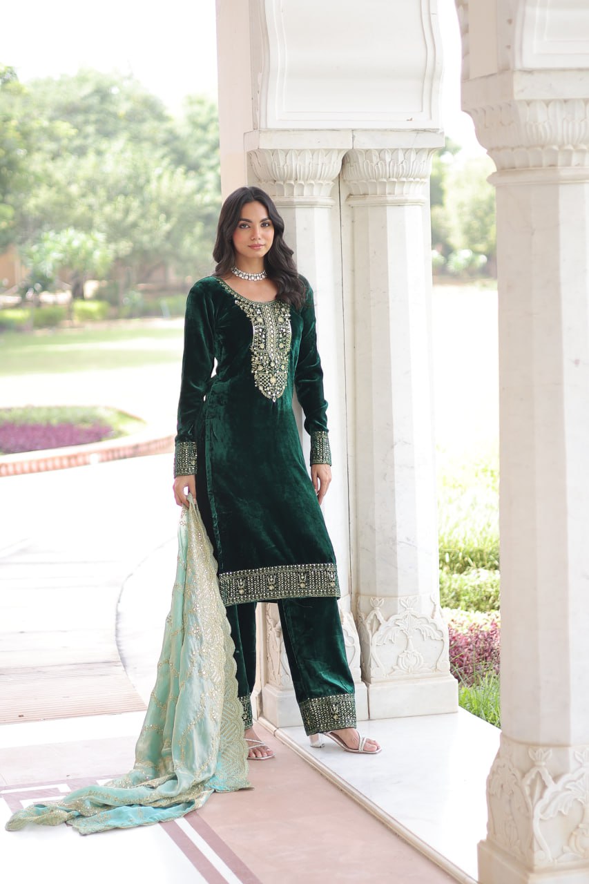 Sheet green velvet sequins zari embroidered kurta set with dupatta