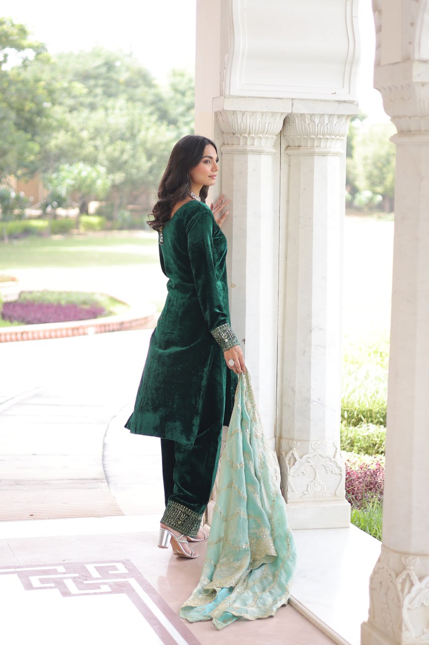 Sheet green velvet sequins zari embroidered kurta set with dupatta