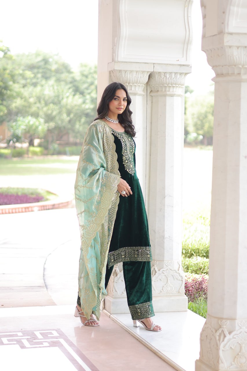 Sheet green velvet sequins zari embroidered kurta set with dupatta