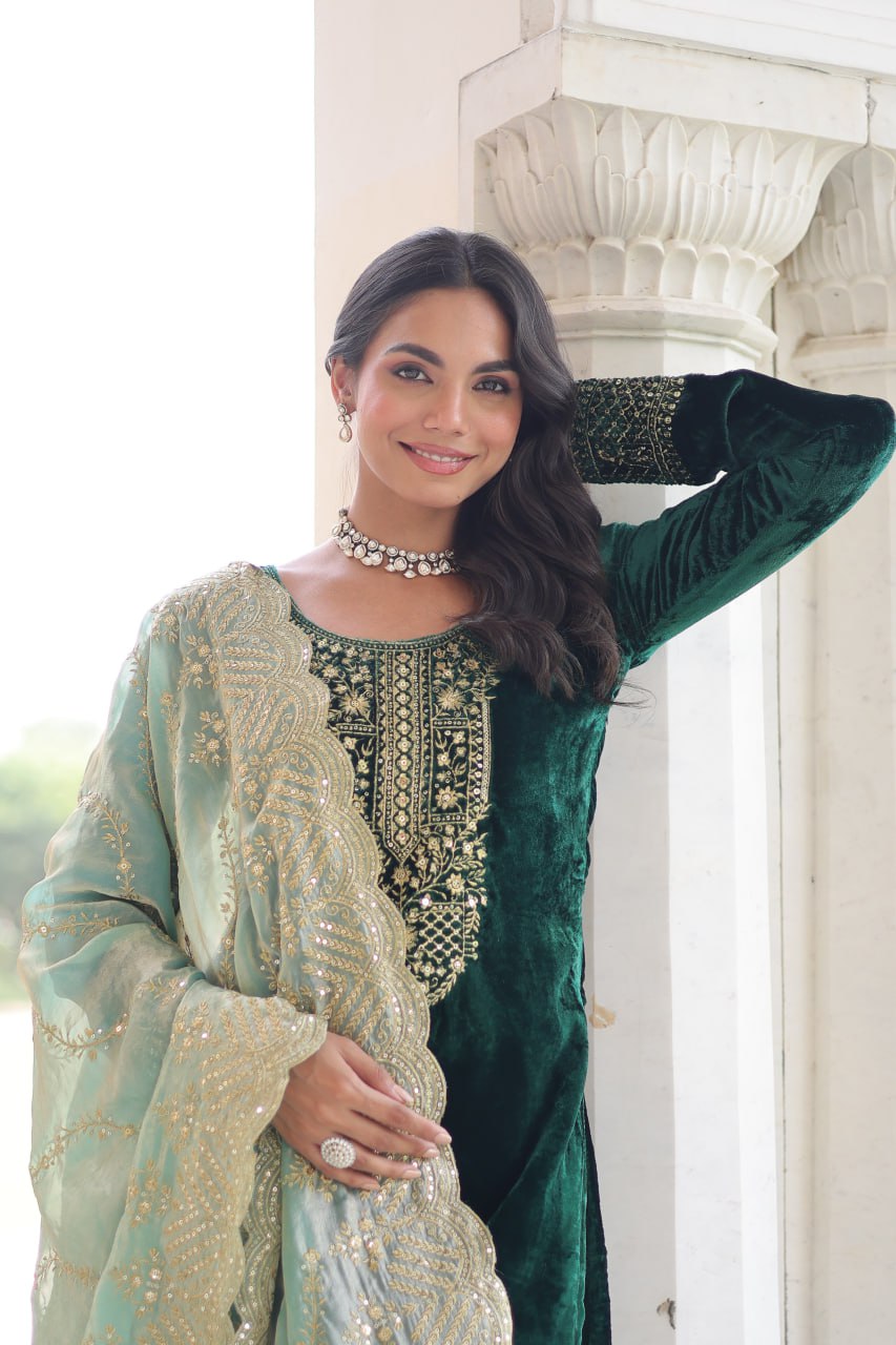 Sheet green velvet sequins zari embroidered kurta set with dupatta