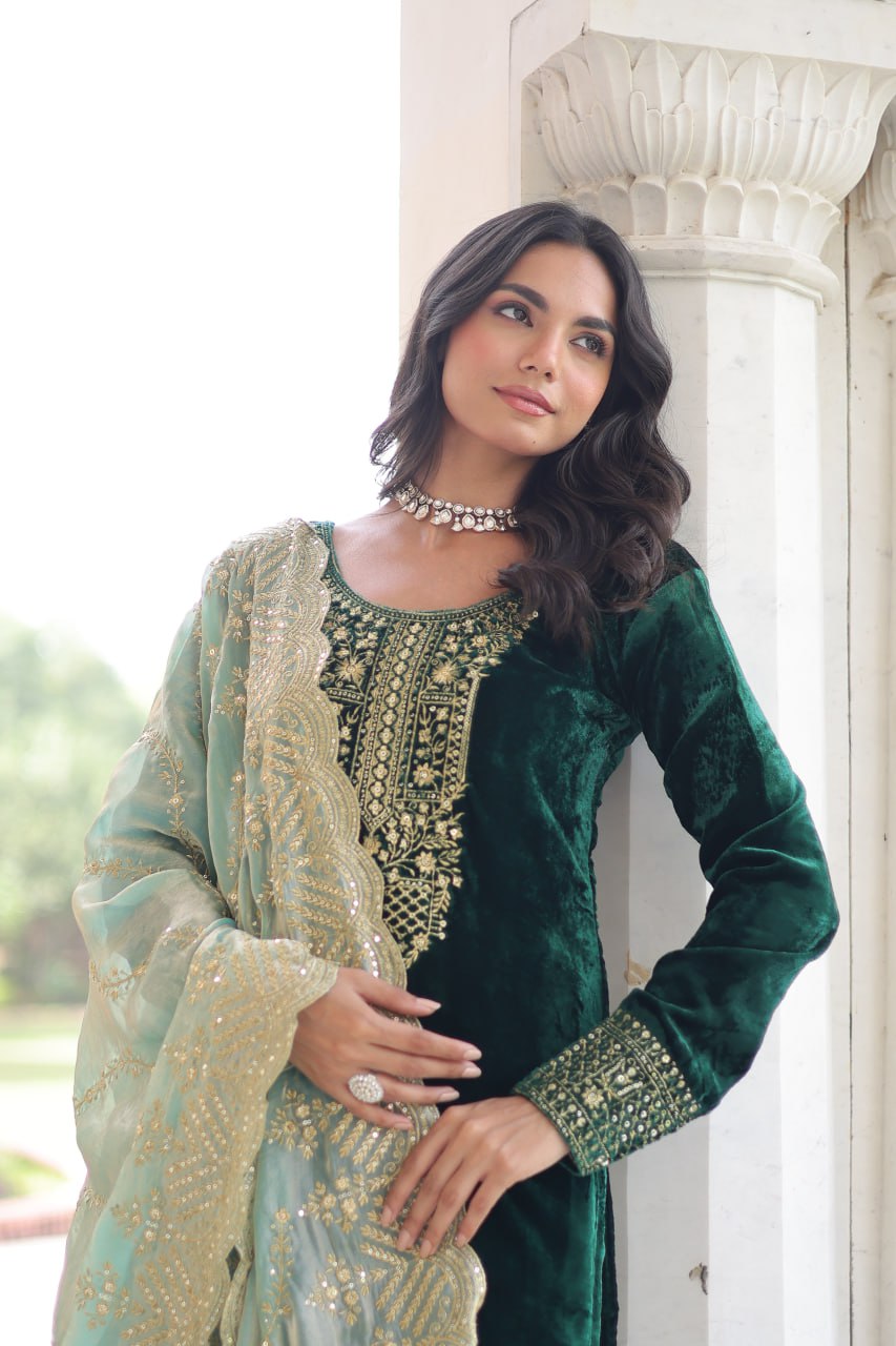 Sheet green velvet sequins zari embroidered kurta set with dupatta