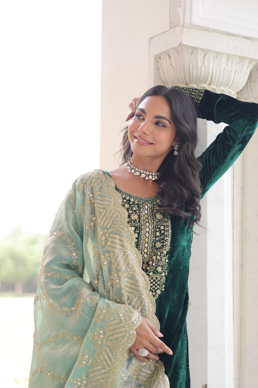 Sheet green velvet sequins zari embroidered kurta set with dupatta