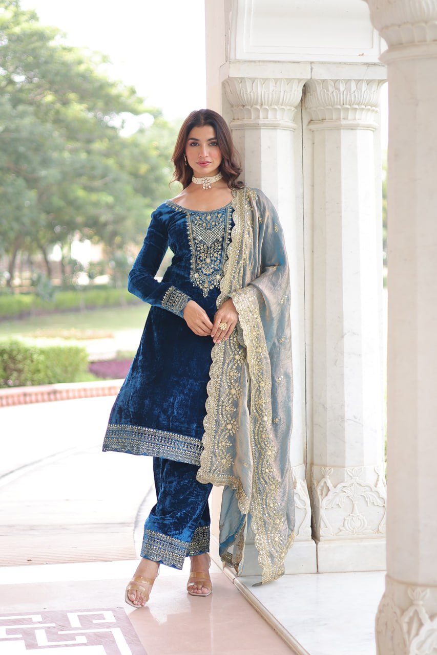 Sheet blue velvet sequins zari embroidered kurta set with dupatta